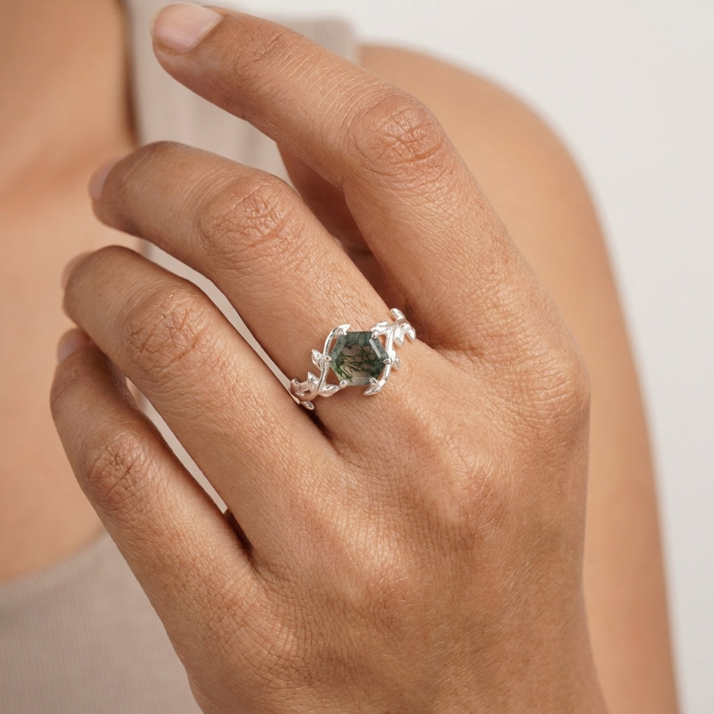 Moss Agate Leaf Hexagon Engagement Ring With Hand