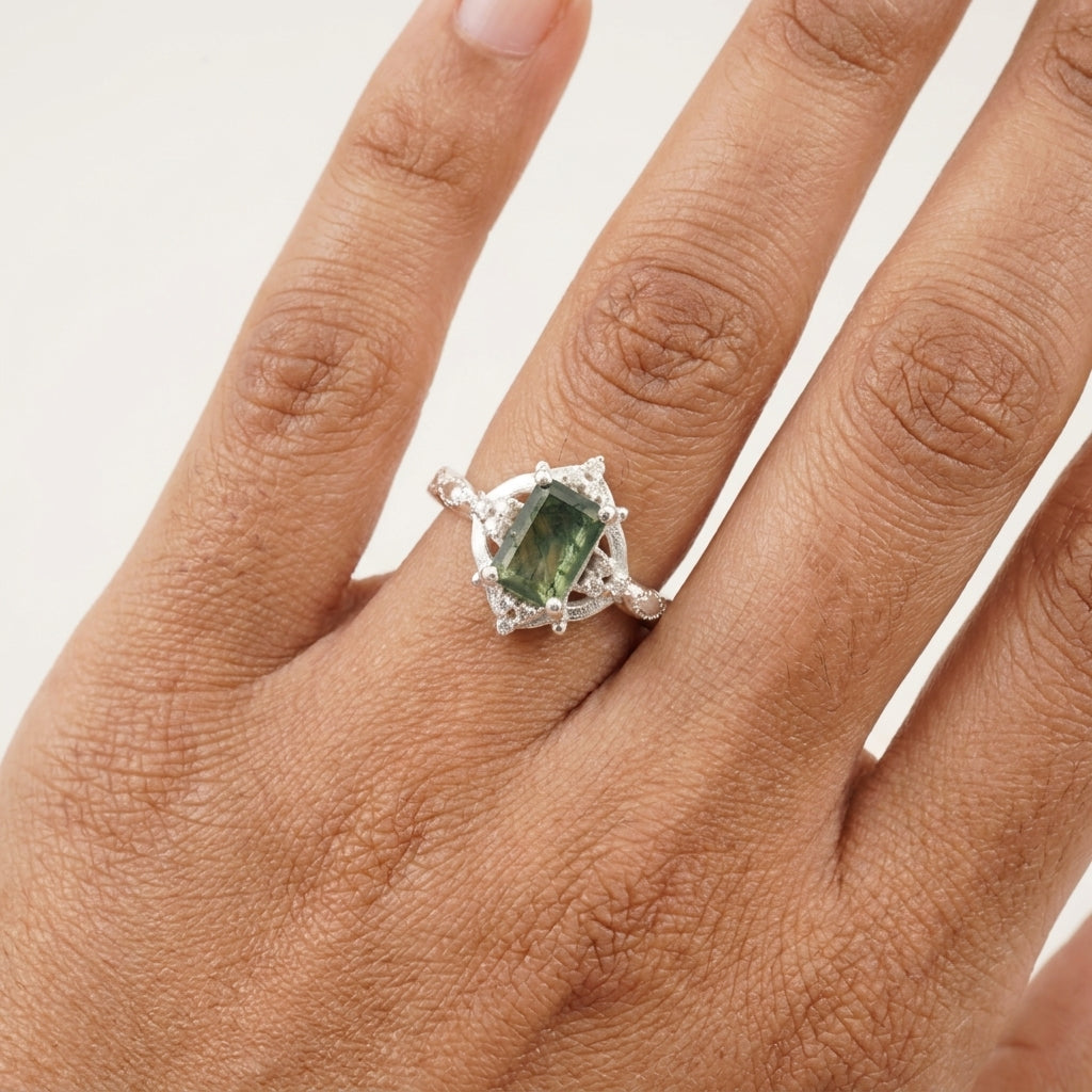 Vintage Emerald Cut Moss Agate Moissanite Engagement Ring With Hand