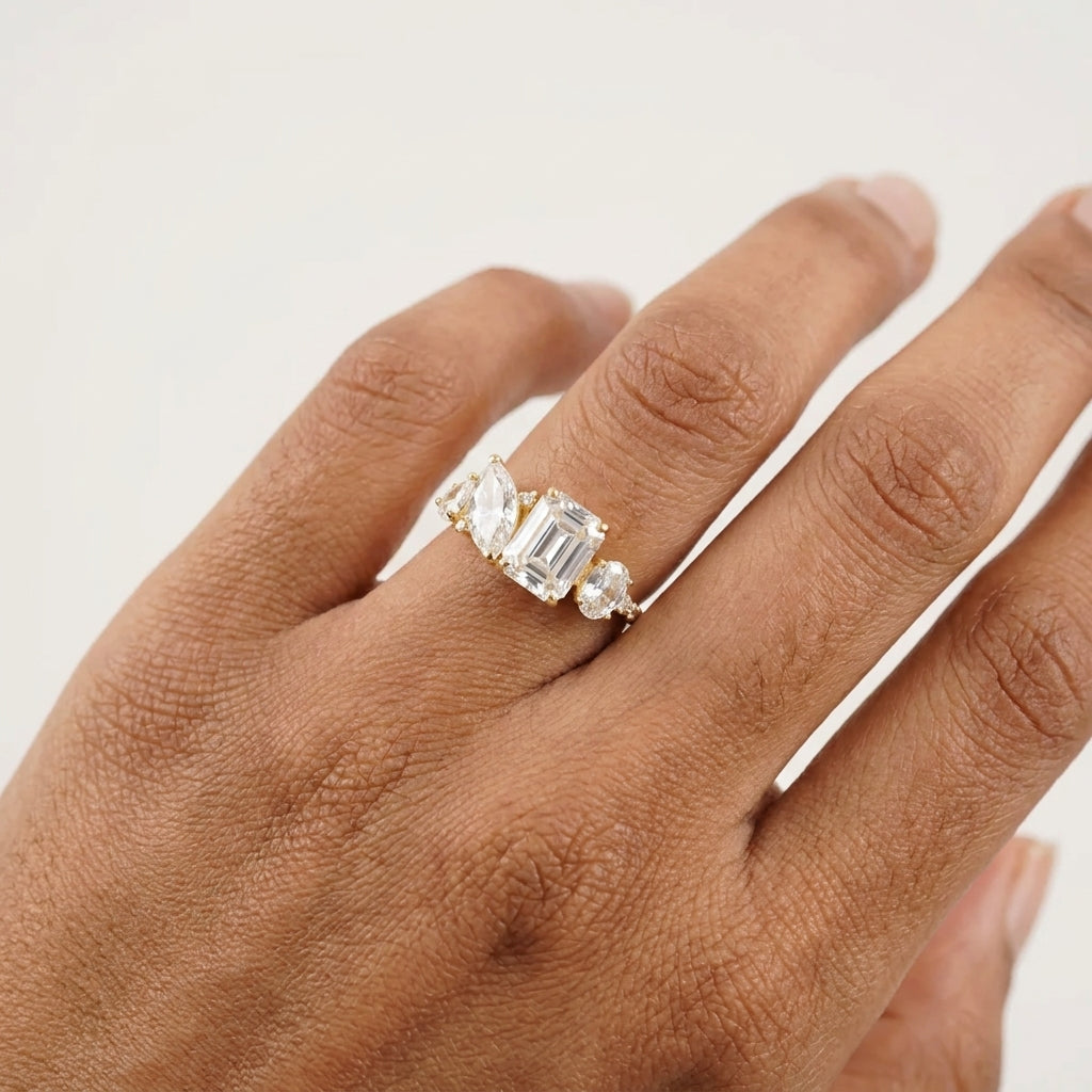 Cluster Moissanite Engagement Ring Emerald and Marquise Cut Ring With Hand