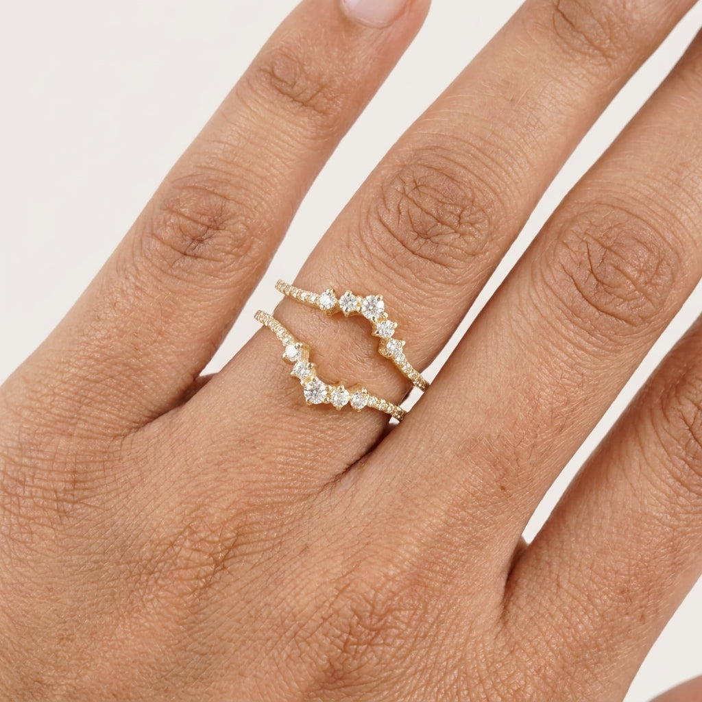 Double Curved Enhancer Moissanite Rose Gold Wedding Band Ring With Hand
