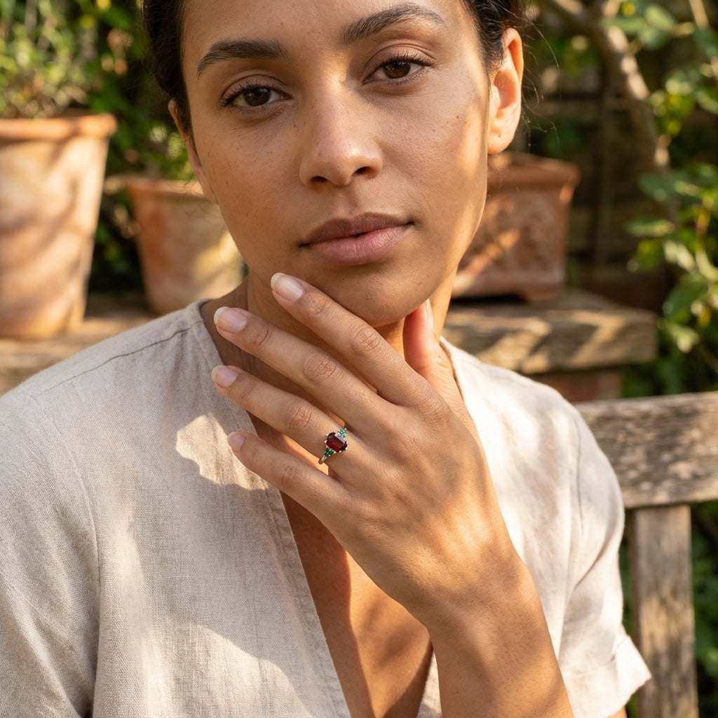 Hexagon Cut Red Garnet Gemstone Cluster Ring With Model