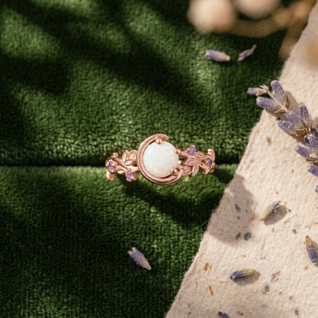 Moon Star Opal Engagement Ring with Amethyst Band