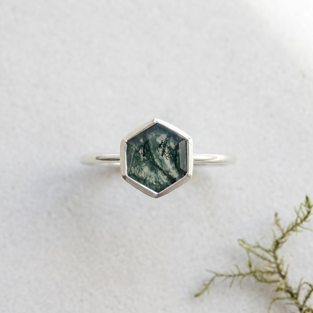 Hexagon Cut Moss Agate Bezel Set Engagement Ring With Over view Angle
