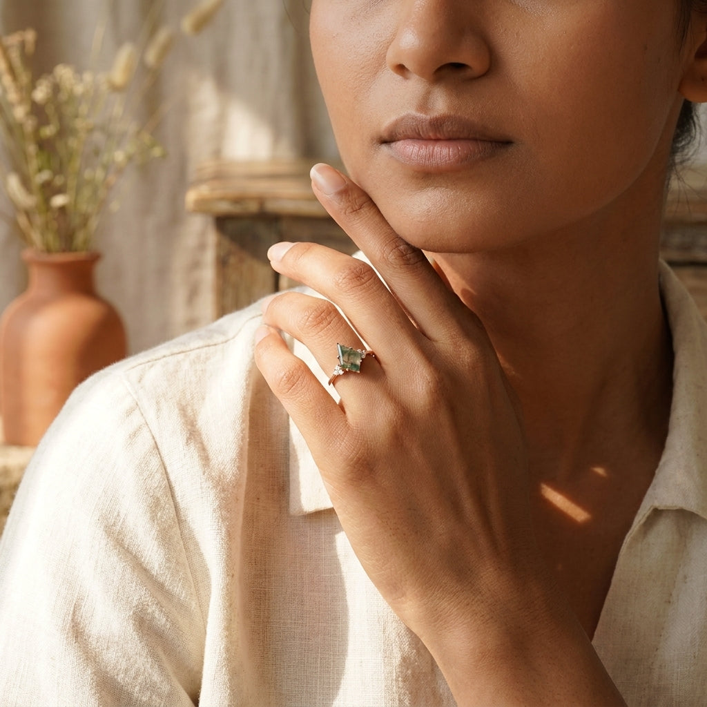Kite Shaped Moss Agate Engagement Ring