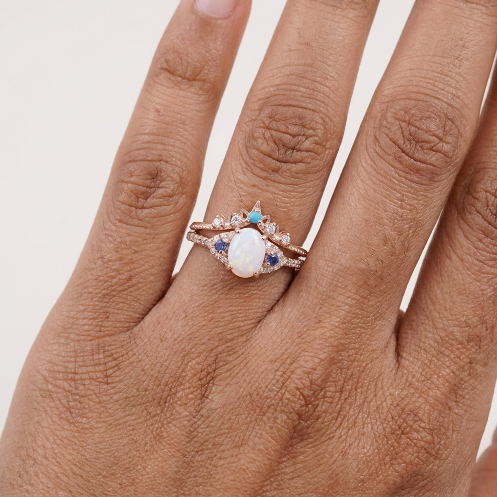 Fire Opal Engagement Ring Set with Curved Band WIth Model Finger