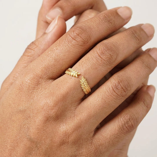 Vintage Leaf Open Wedding Band With Model hand