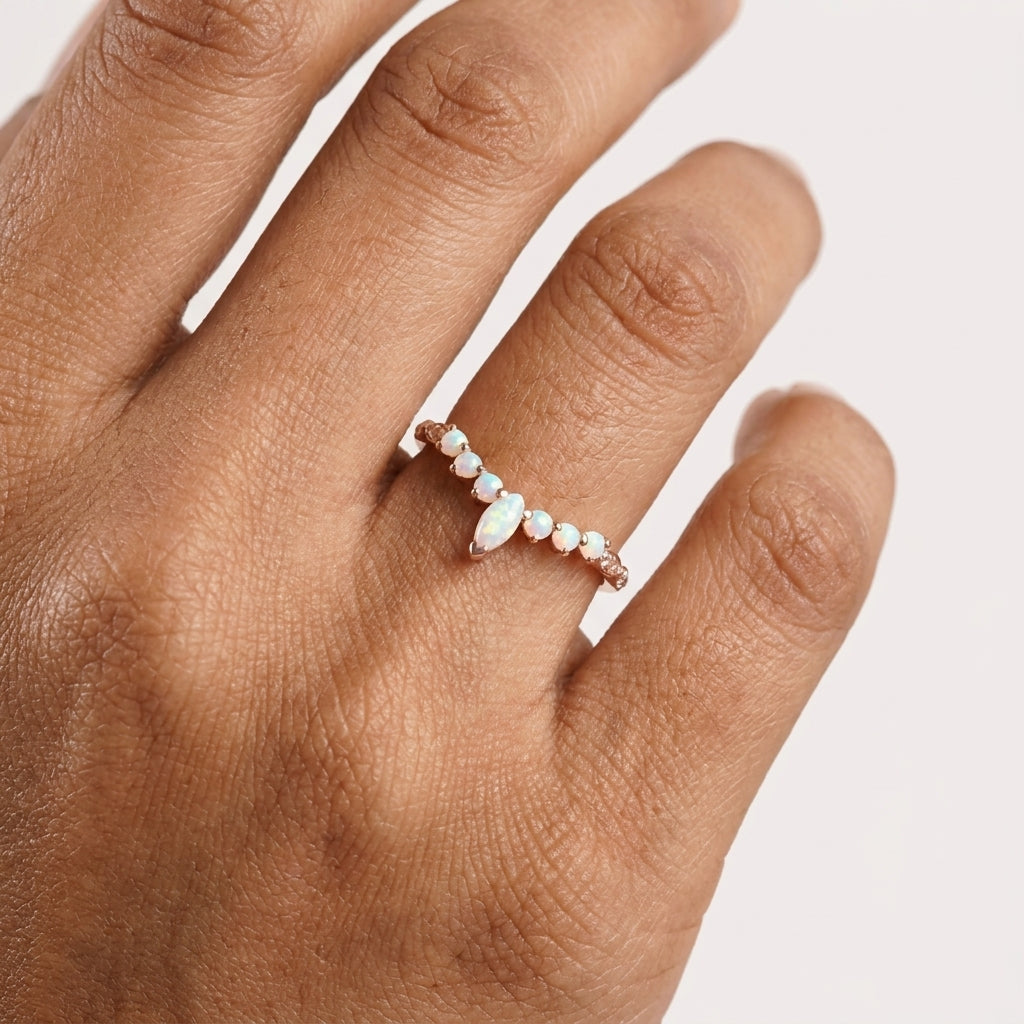 Marquise Opal Curved Wedding Band, October Birthstone With Hand