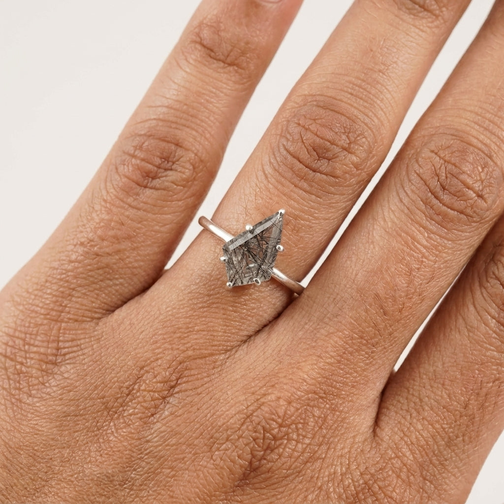 Kite Shaped Black Rutile Quartz Ring with model hand