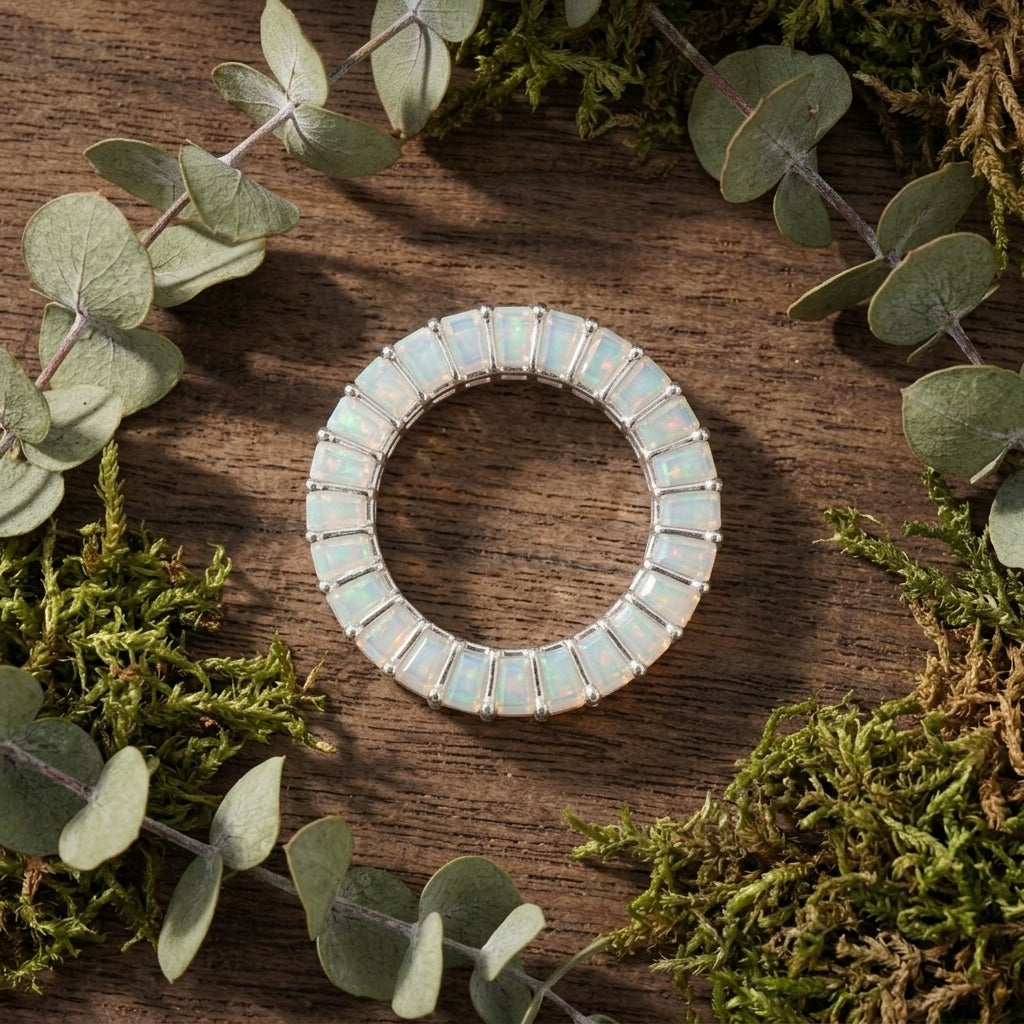 Baguette Cut Fire Opal Wedding Band With Table