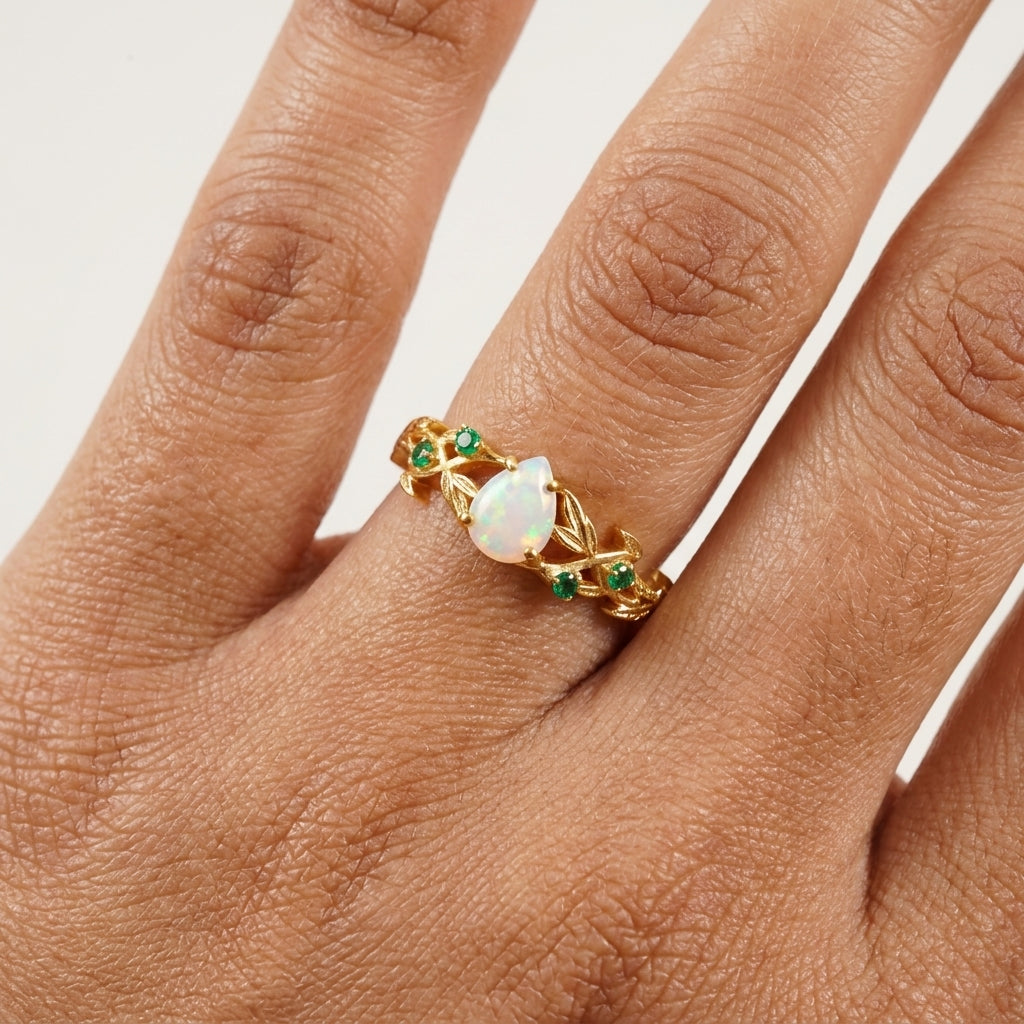 Nature Inspired Opal Engagement Ring Set With Leaf Emerald Band With Hand
