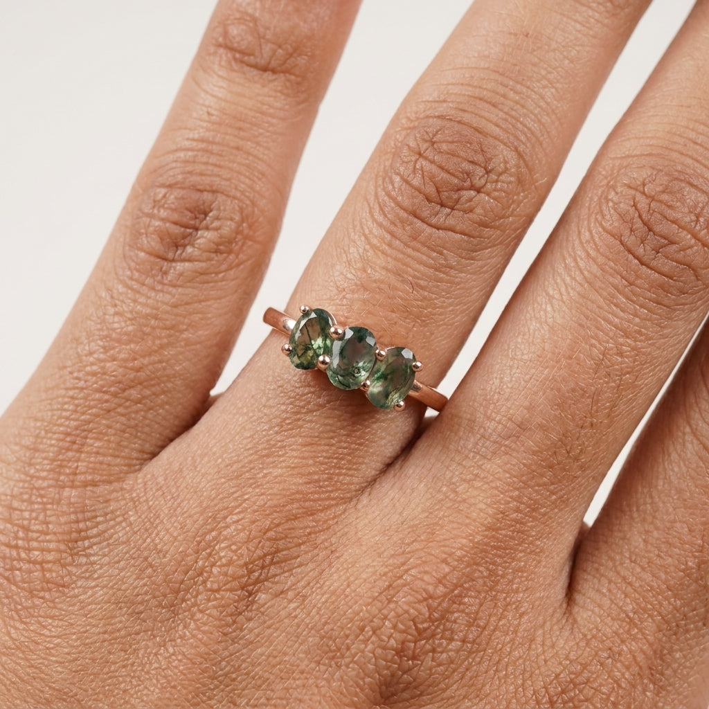 Oval Moss Agate Stacking Ring Three Stone Ring With Hand