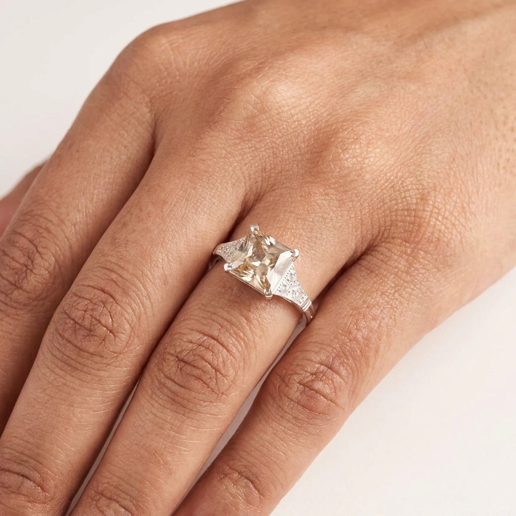 Asscher Cut Peach Moissanite Diamond Ring with model hand