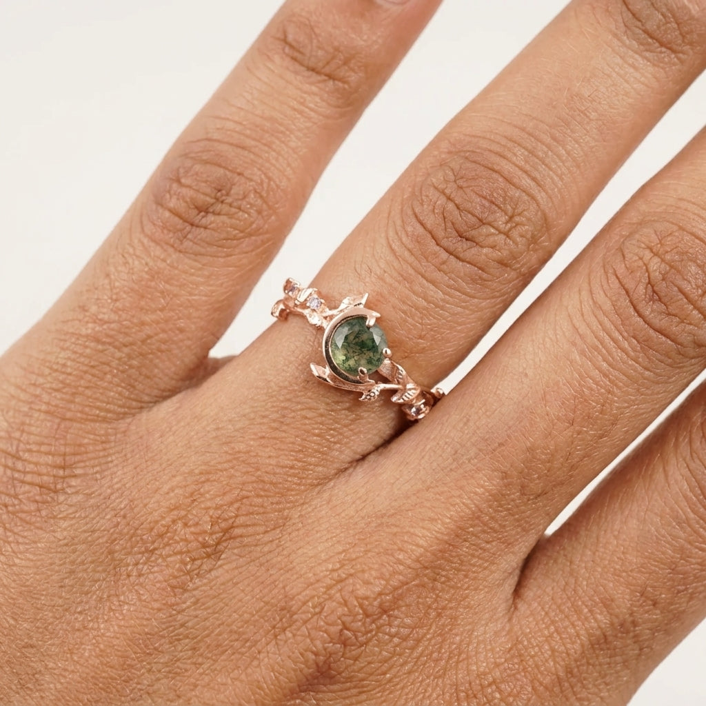 Round Natural Moss Agate Leaf Design Engagement Ring With Hand