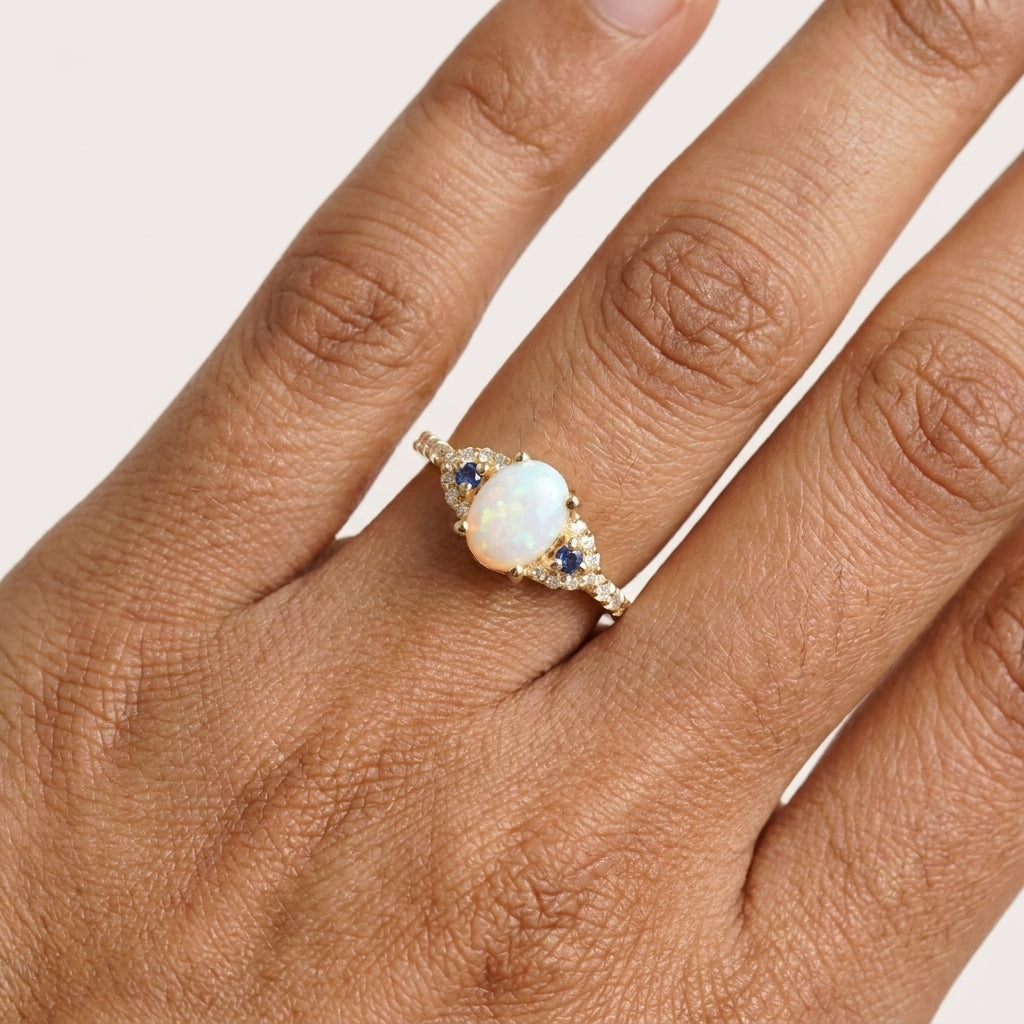 Opal & Sapphire halo Diamond Engagement Ring With FInger
