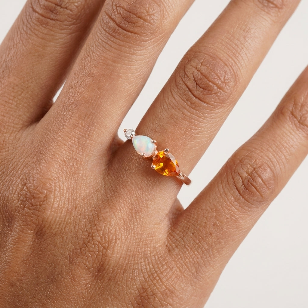 Pear Citrine Gemstone Three Stone Opal Cluster Wedding Ring With Hand