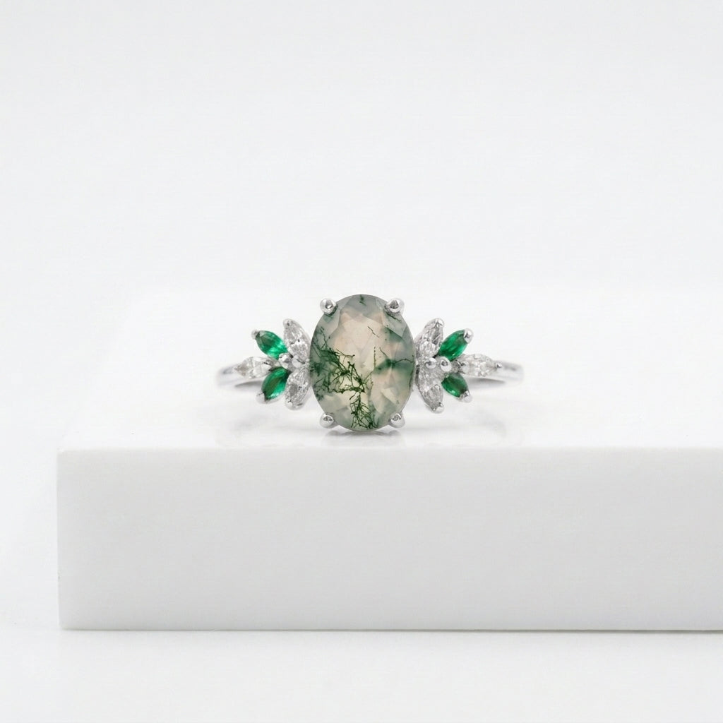 Oval Moss Agate Marquise Emerald And CZ Engagement Ring With Silver PLated