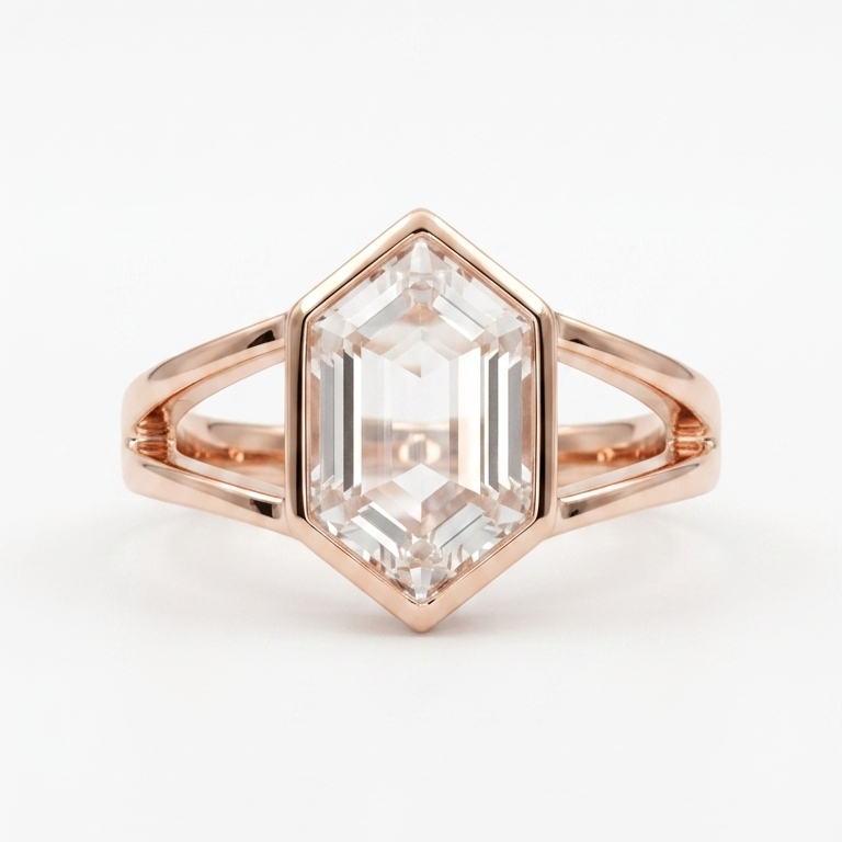Hexagon Moissanite Bezel Set Engagement Ring Rose Gold