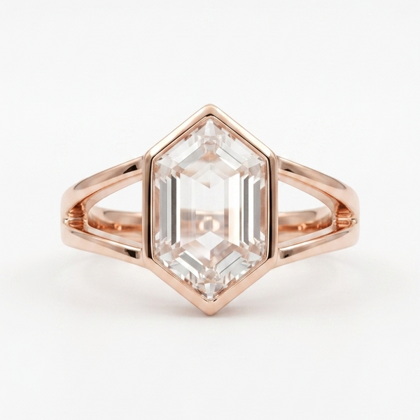 Hexagon Moissanite Bezel Set Engagement Ring Rose Gold