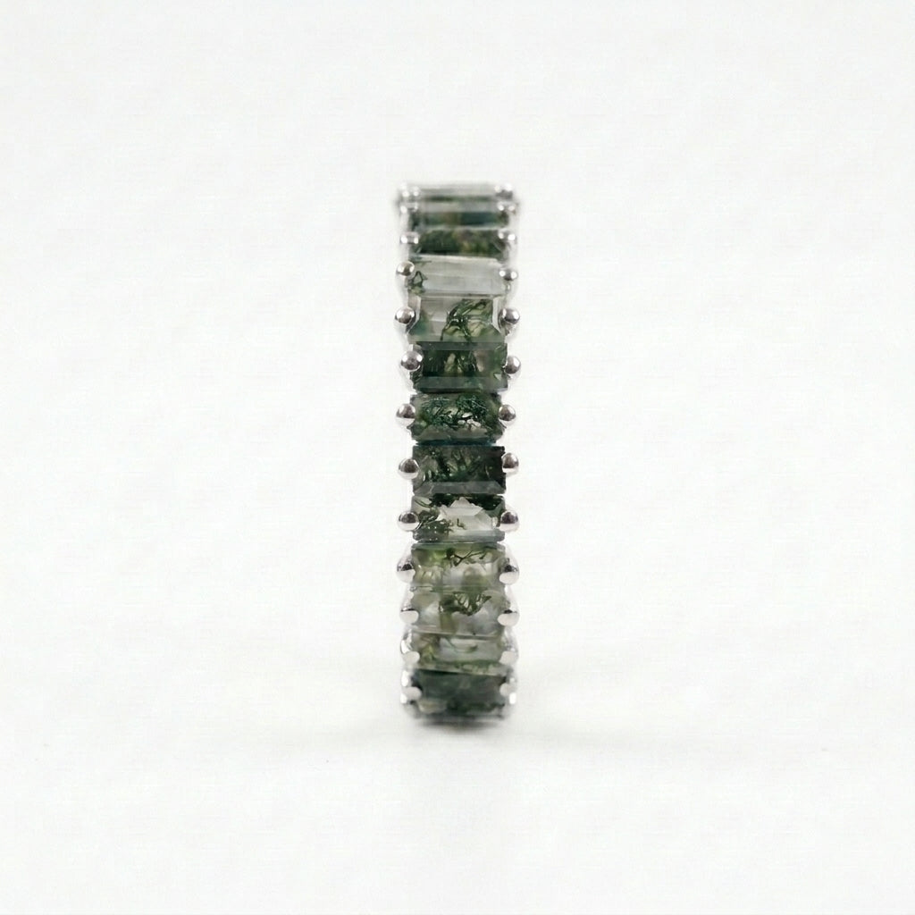 Baguette Cut Moss Agate Stone Wedding Band With silver
