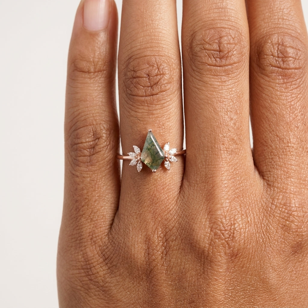 Kite Shaped Moss Agate Marquise Diamond Engagement Ring With Hand
