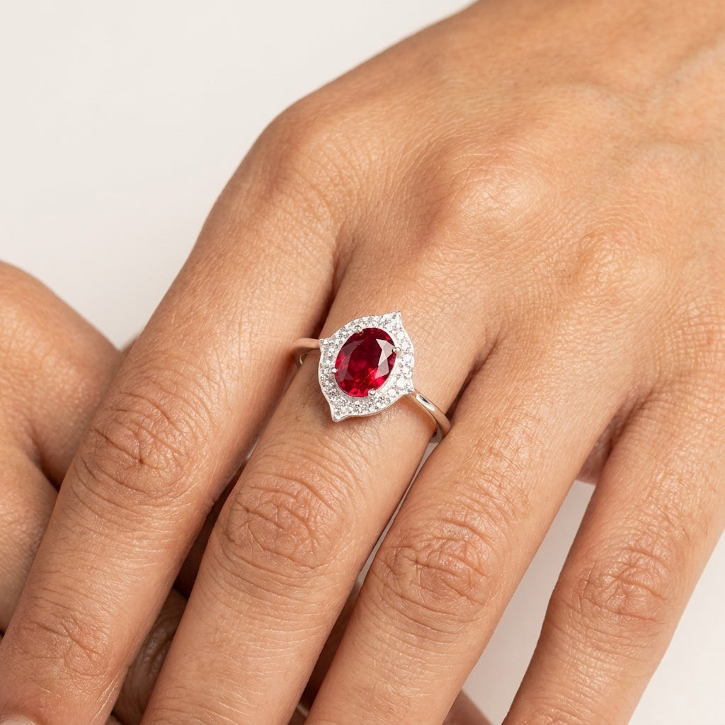 Oval Cut Red Ruby 925 Sterling Silver Statement Ring With Model Hand