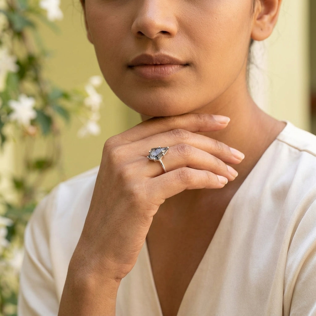 Kite Shaped Black Rutile Quartz Ring with Model Hand