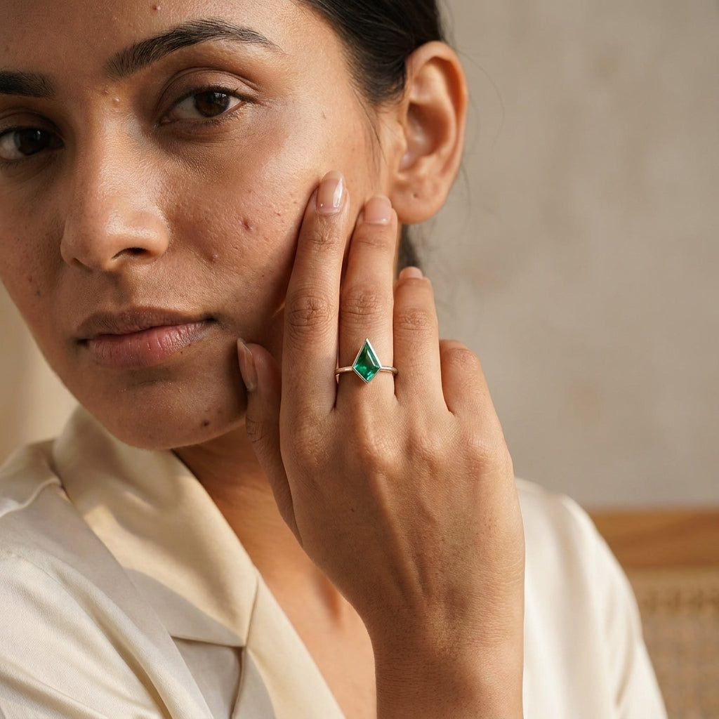 Kite Shaped Emerald Ring Solid Gold Solitaire Ring With Model Hand