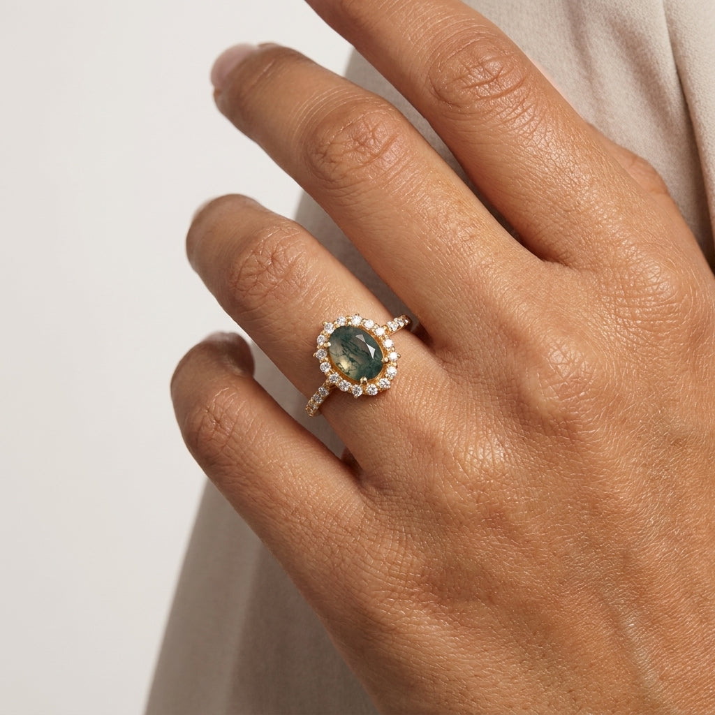 Oval Moss Agate Halo Diamond Engagement Ring 14K Yellow Gold With hand