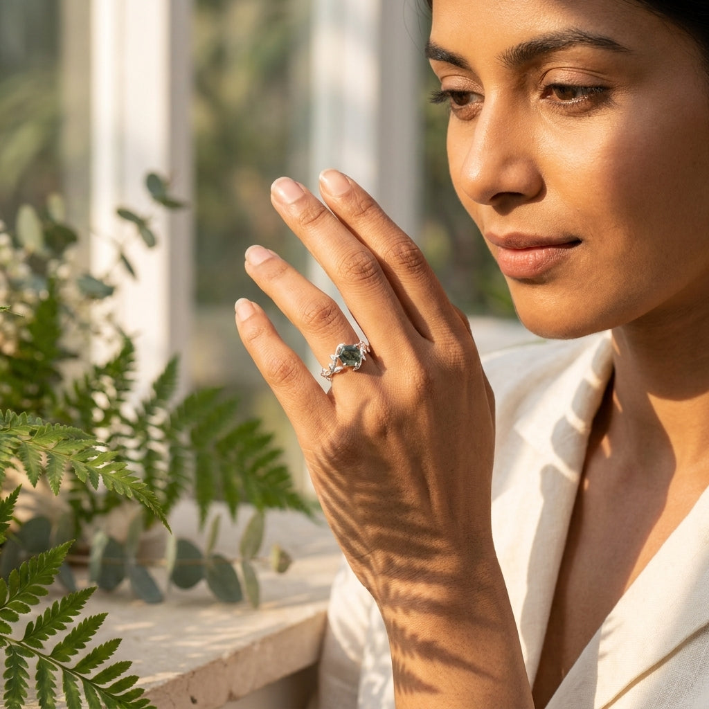 Moss Agate Leaf Hexagon Engagement Ring With Model 