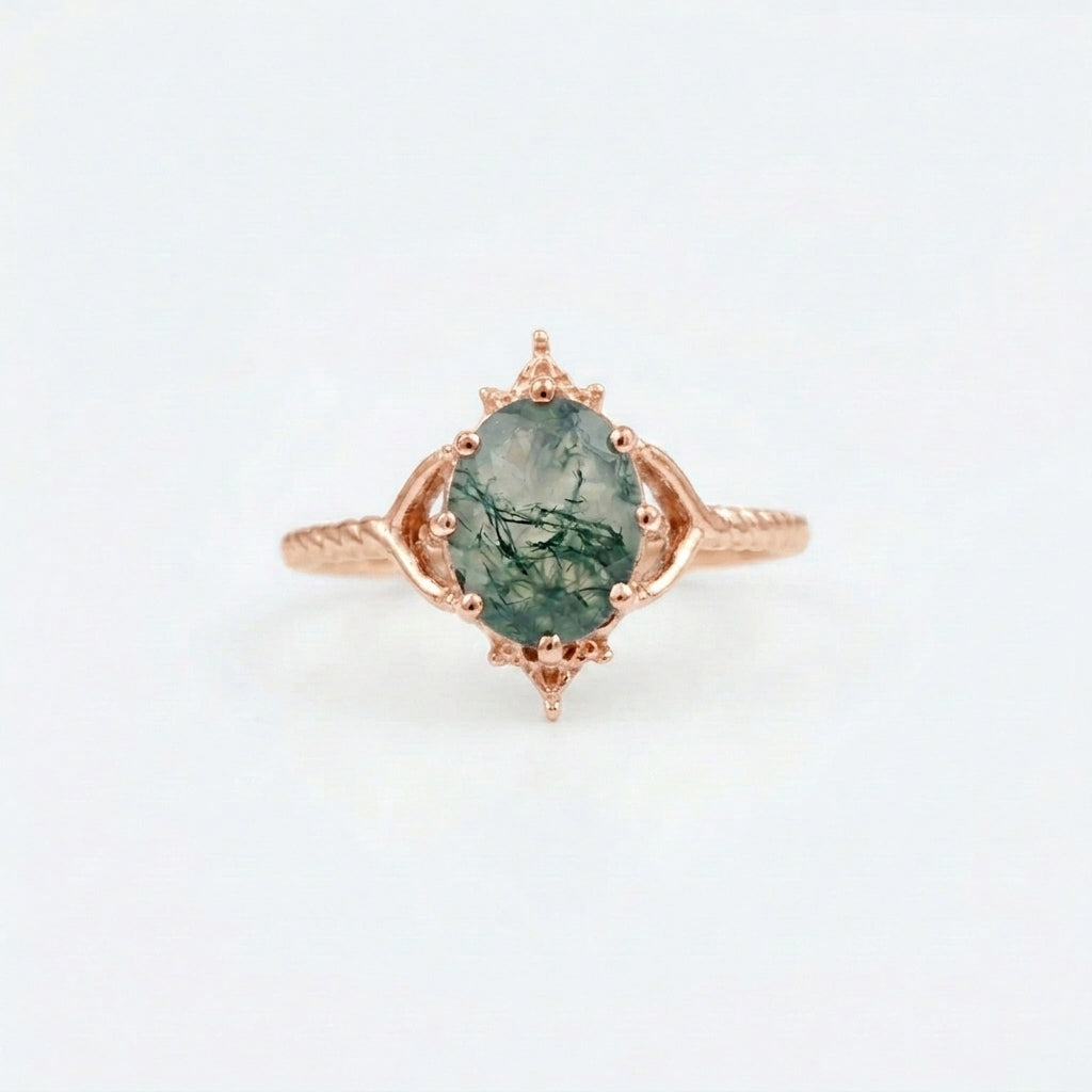 Vintage Oval Moss Agate 14k Gold Engagement Ring With Rose Gold Plated