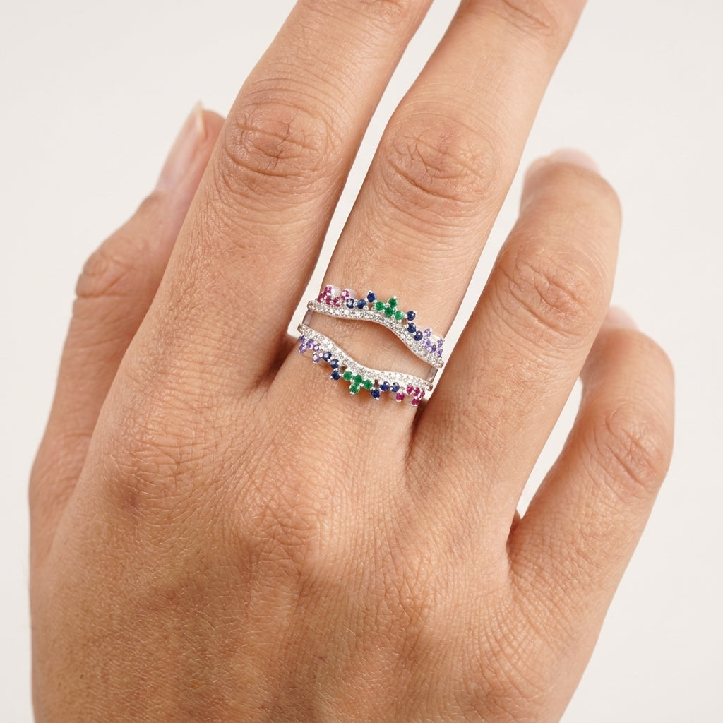 Multi Stone Wedding Band | Sapphire Ruby Emerald Multi Stone Ring With Model hand