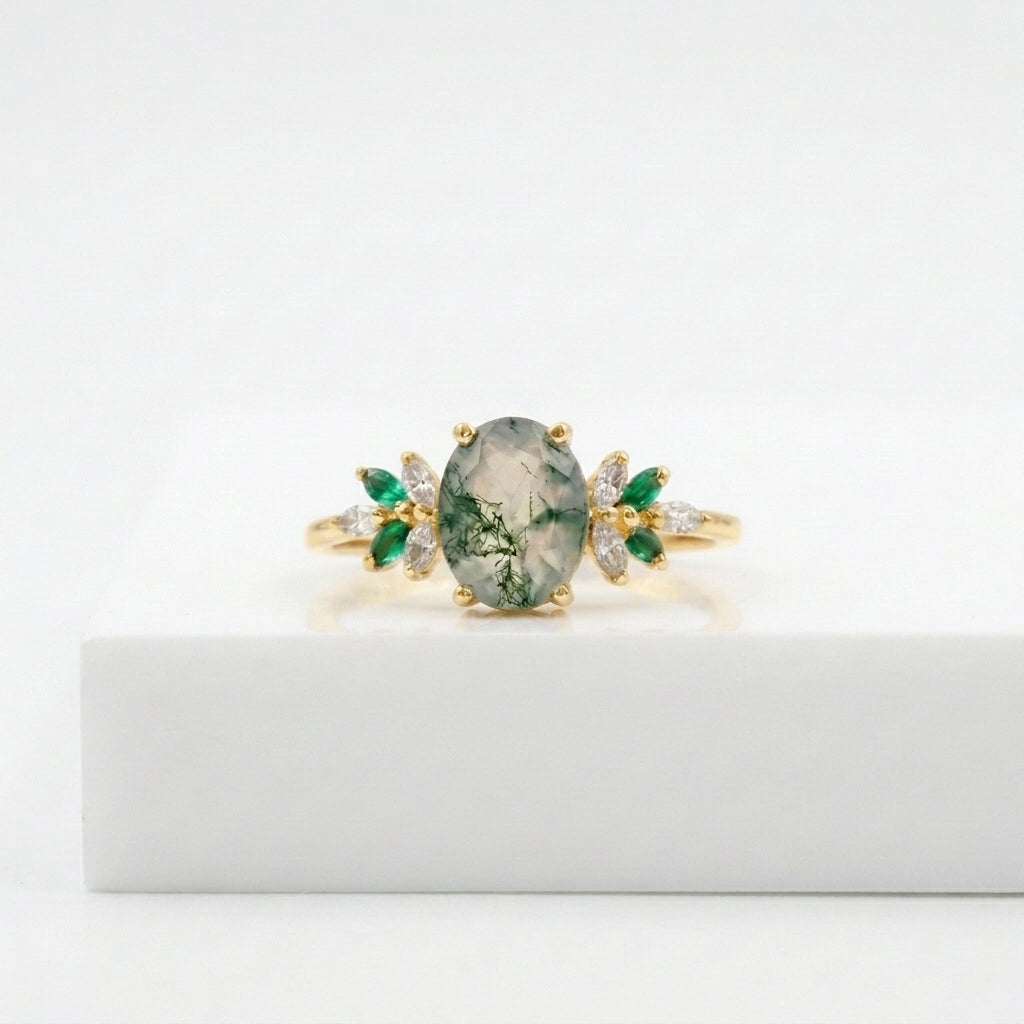 Oval Moss Agate Marquise Emerald And CZ Engagement Ring WIth Gold Plated