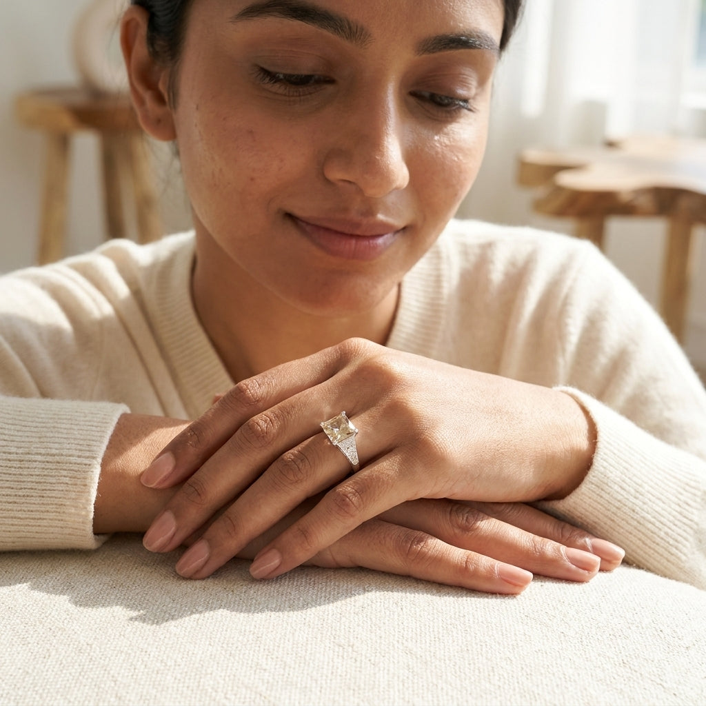 Asscher Cut Peach Moissanite Diamond Ring with model