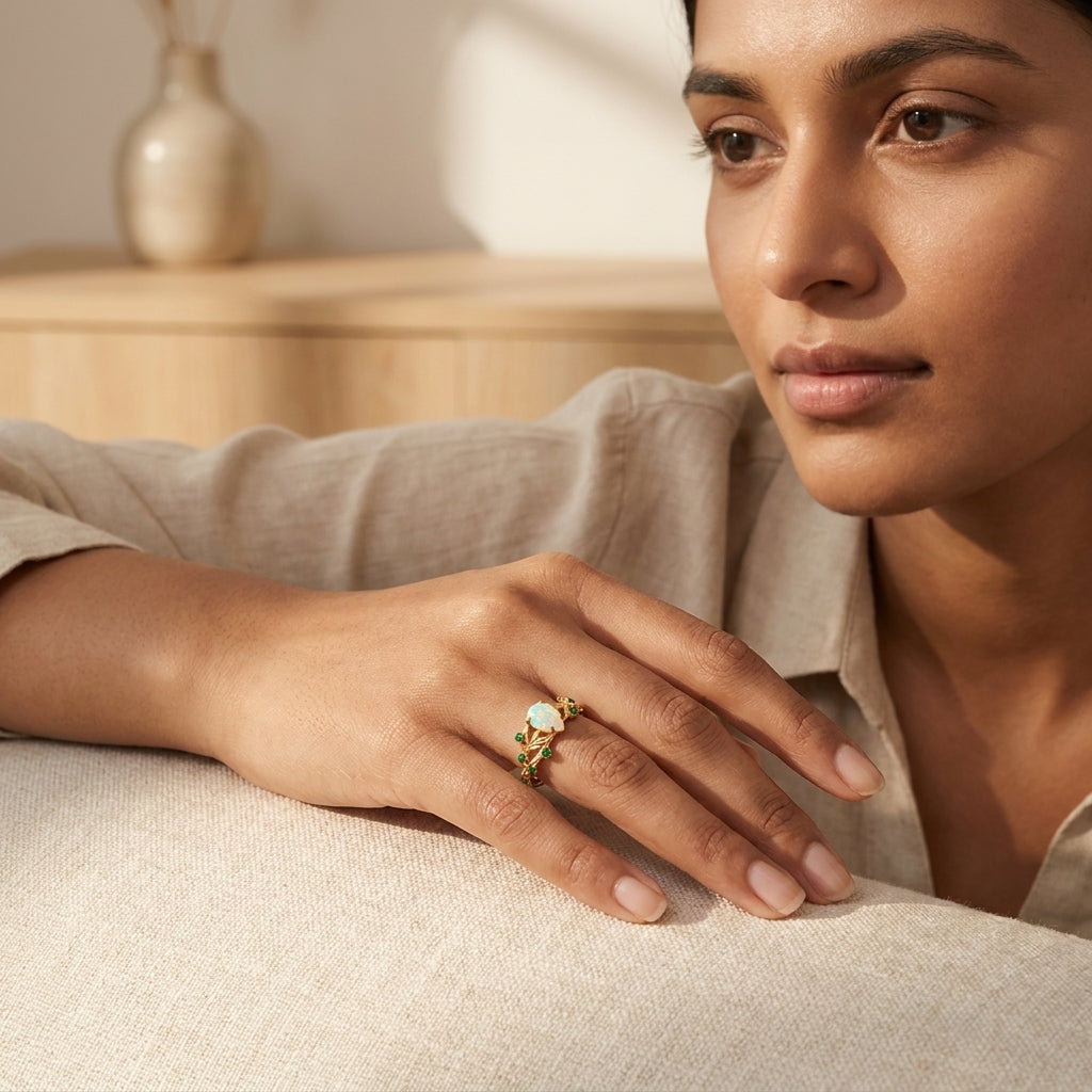 Nature Inspired Opal Engagement Ring Set With Leaf Emerald Band Model Hand