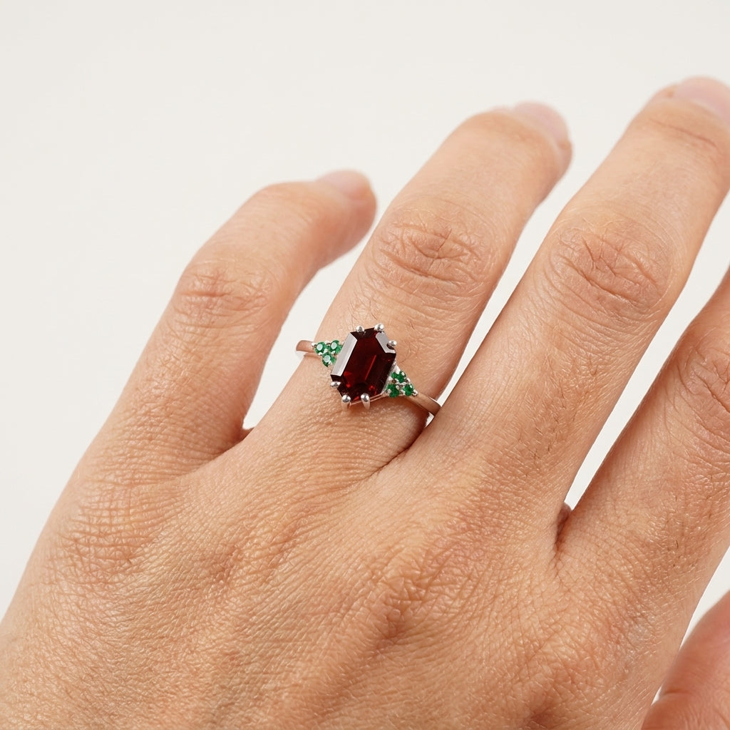 Hexagon Cut Red Garnet Gemstone Cluster Ring With Model Hand