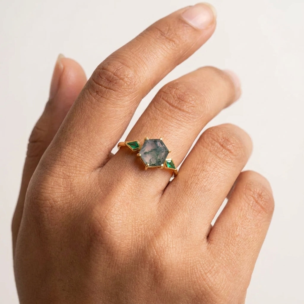 Kite Emerald Moss Agate Hexagon Engagement Ring with hand