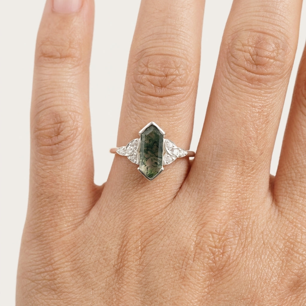 Moss Agate Hexagon Engagement Ring With Hand
