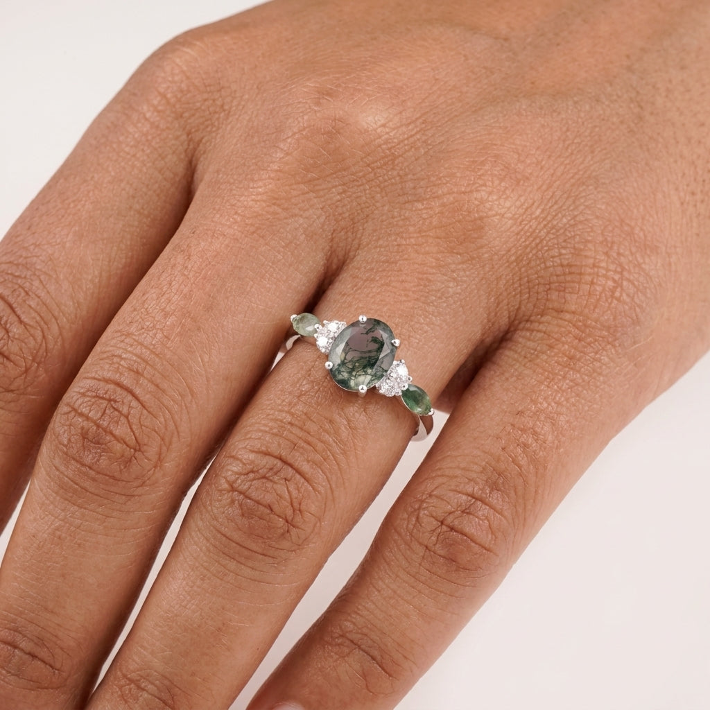 Moss Agate Oval Cut Silver Engagement Ring With Hand