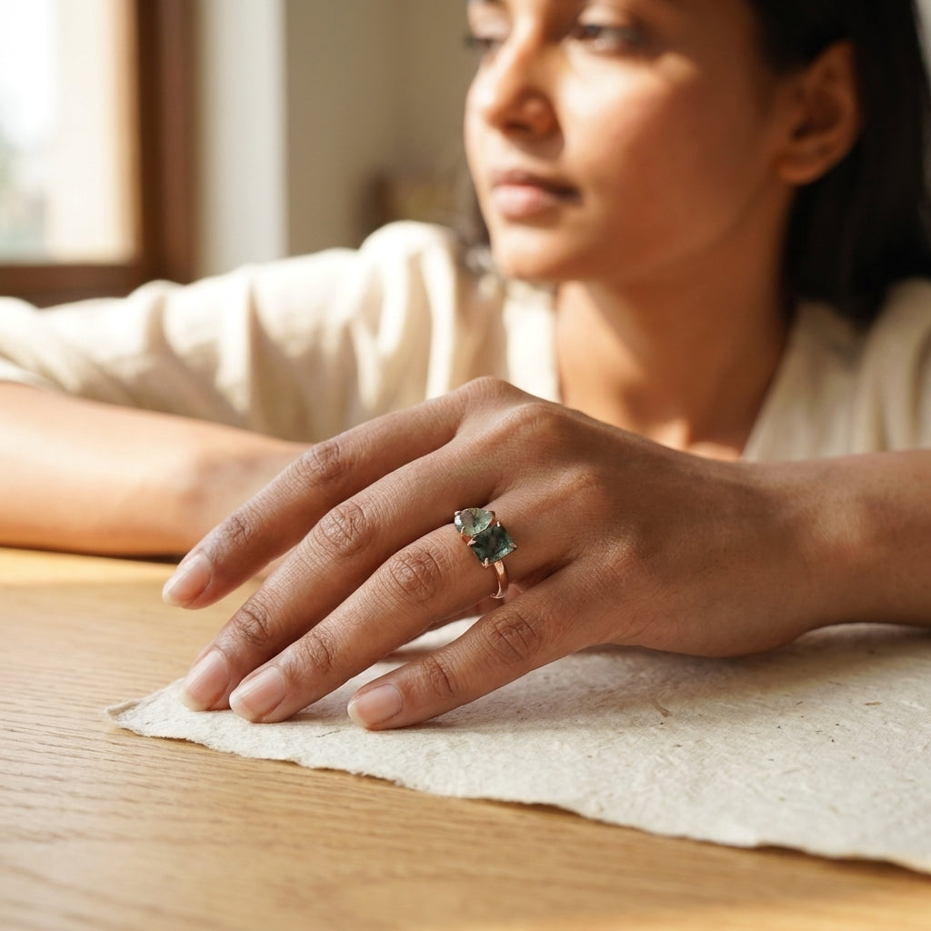 Toi Et Moi Moss Agate Emerald & Pear Cut Ring With Model