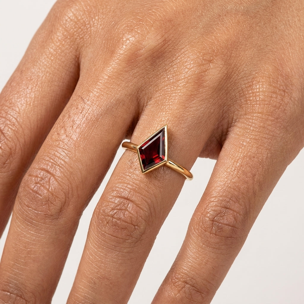 Kite Shaped Red Garnet Ring With model hand