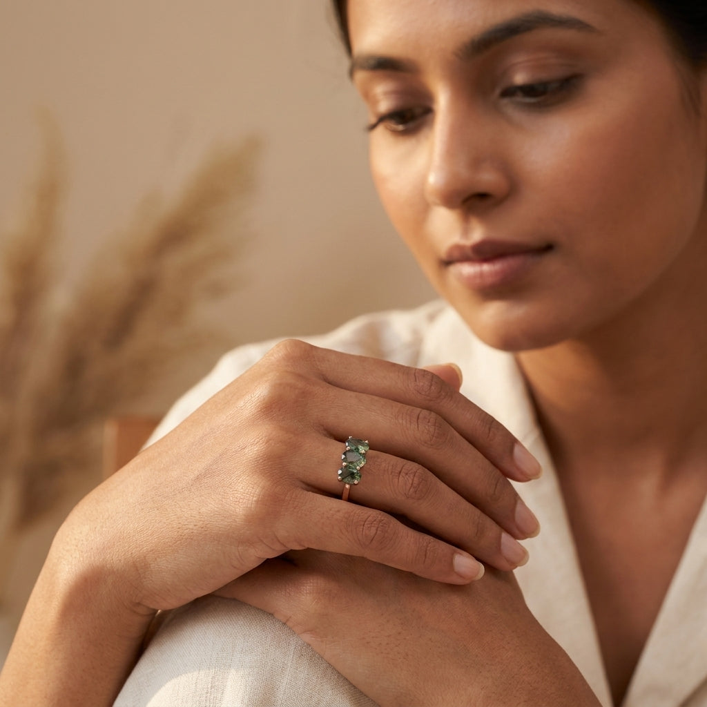 Oval Moss Agate Stacking Ring Three Stone Ring With Model hand