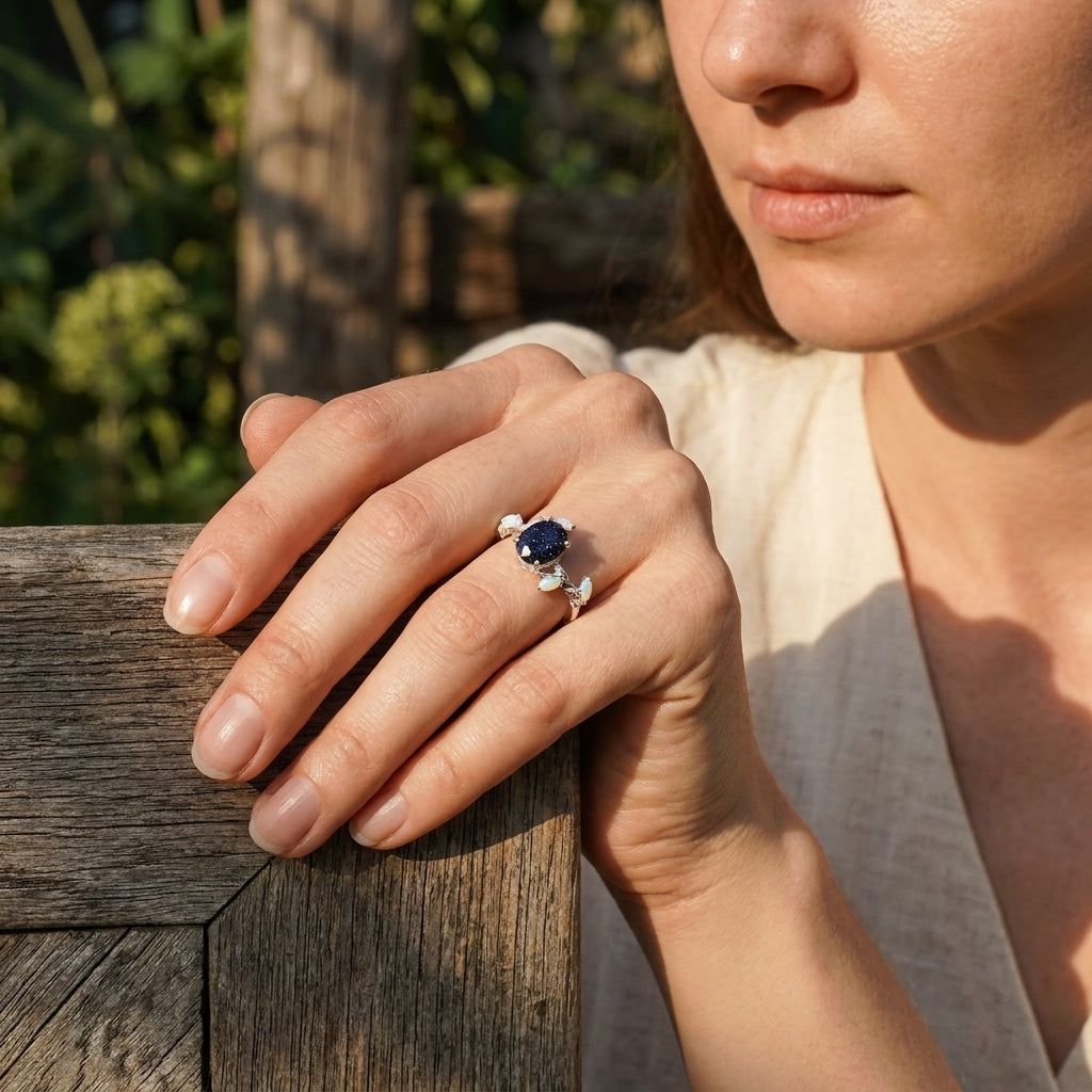Oval Blue Sandstone Leaf Opal Silver Engagement Ring