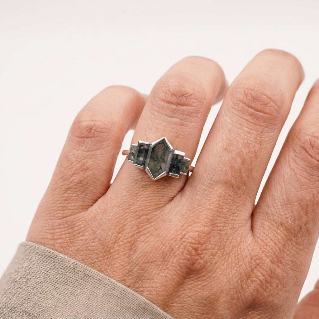Bezel Set Moss Agate Hexagon Engagement Ring