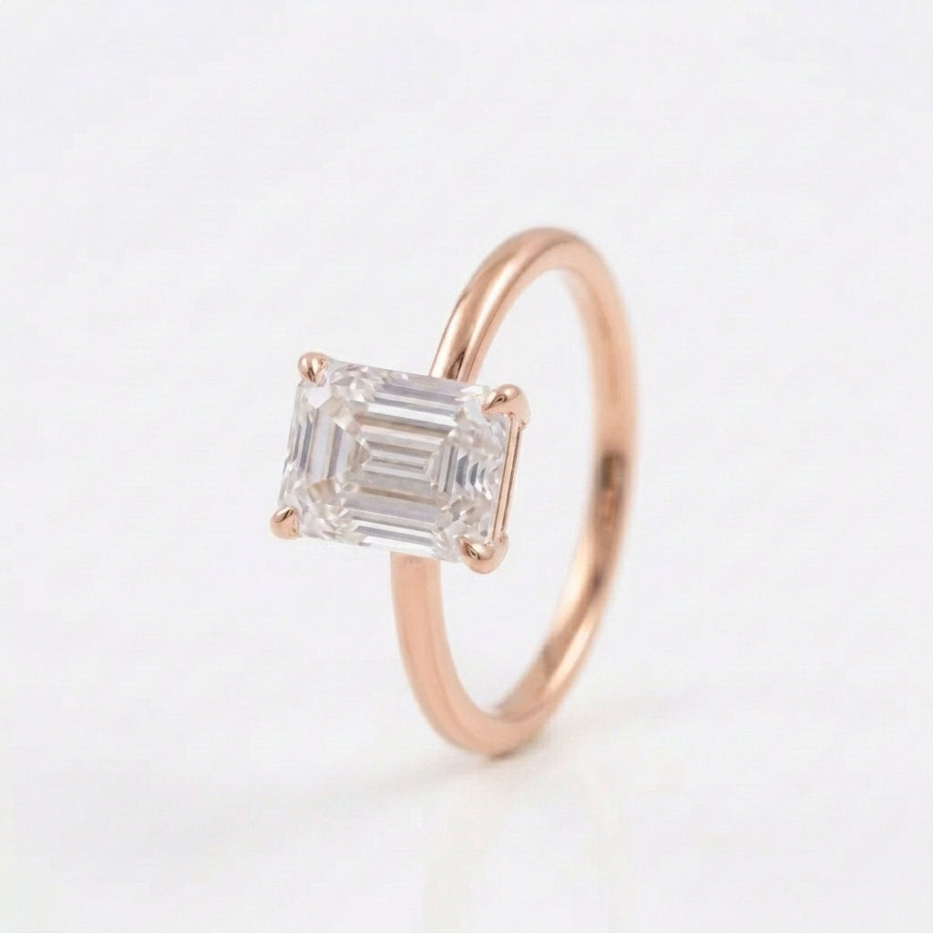 Emerald Cut Moissanite Diamond Solitaire Engagement With Rose Gold