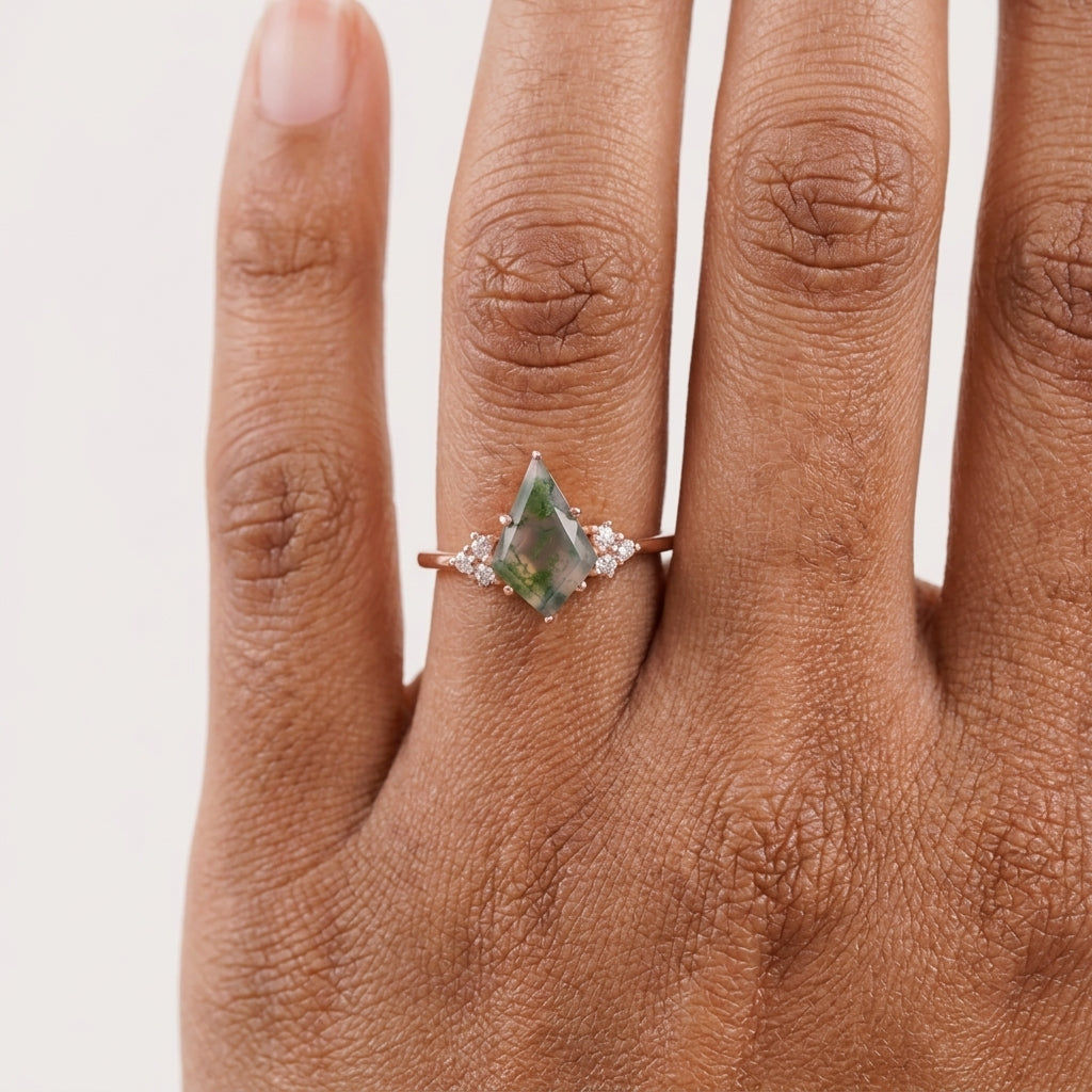 Kite Shaped Moss Agate Engagement Ring FInger