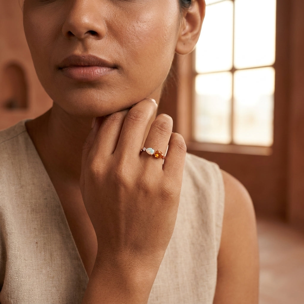 Pear Citrine Gemstone Three Stone Opal Cluster Wedding Ring With Model