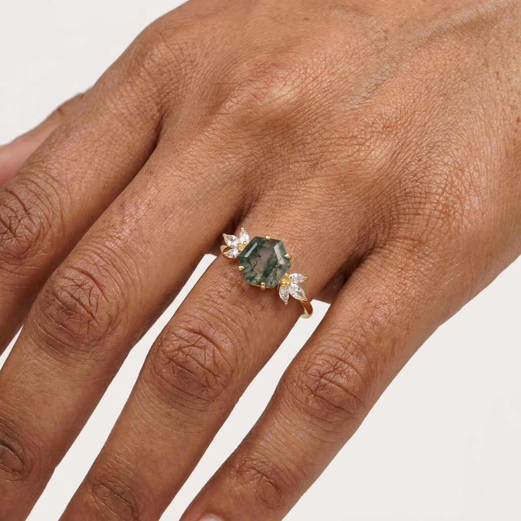 Hexagon Cut Moss Agate Marquise CZ Cluster Engagement Ring With Hand