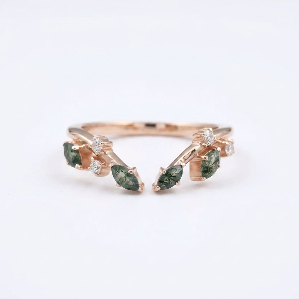 Natural Moss Agate Open Wedding Band With Rose Gold Coated