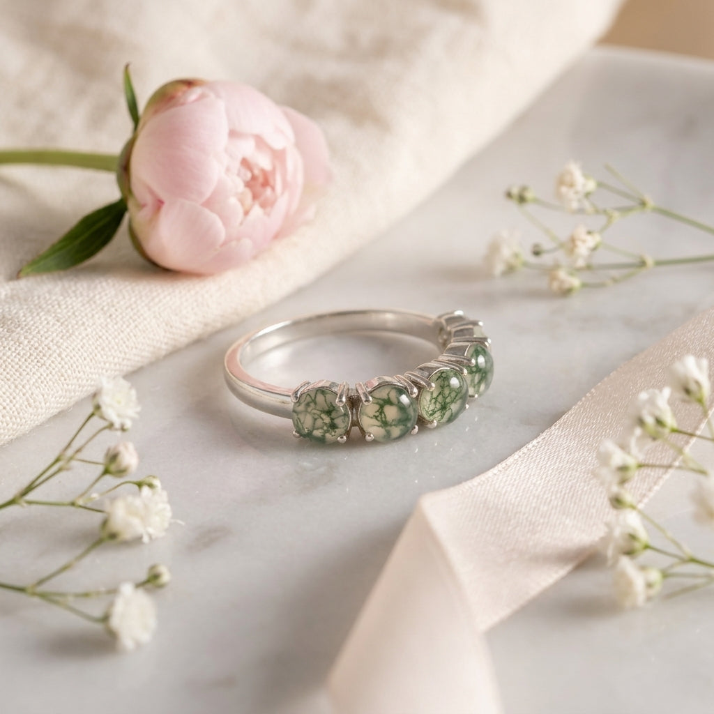 Moss Agate Wedding Band, 5 Stone Moss Agate Ring - Gigiscc
