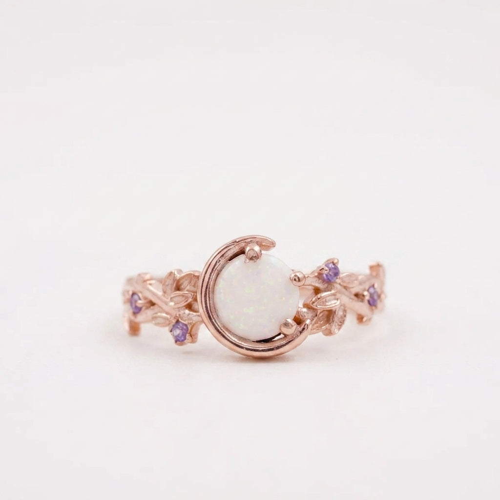 Moon Star Opal Engagement Ring with Amethyst Band With Rose gold Plated